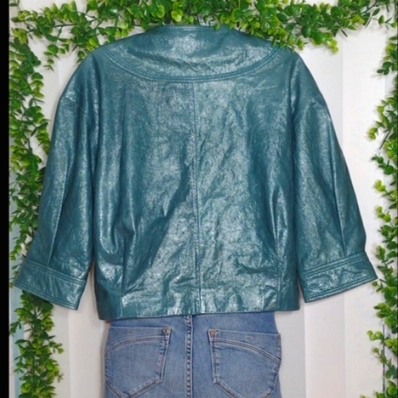 NEW Coach Cropped Distressed Leather Jacket in Teal Green - Picture 4 of 16